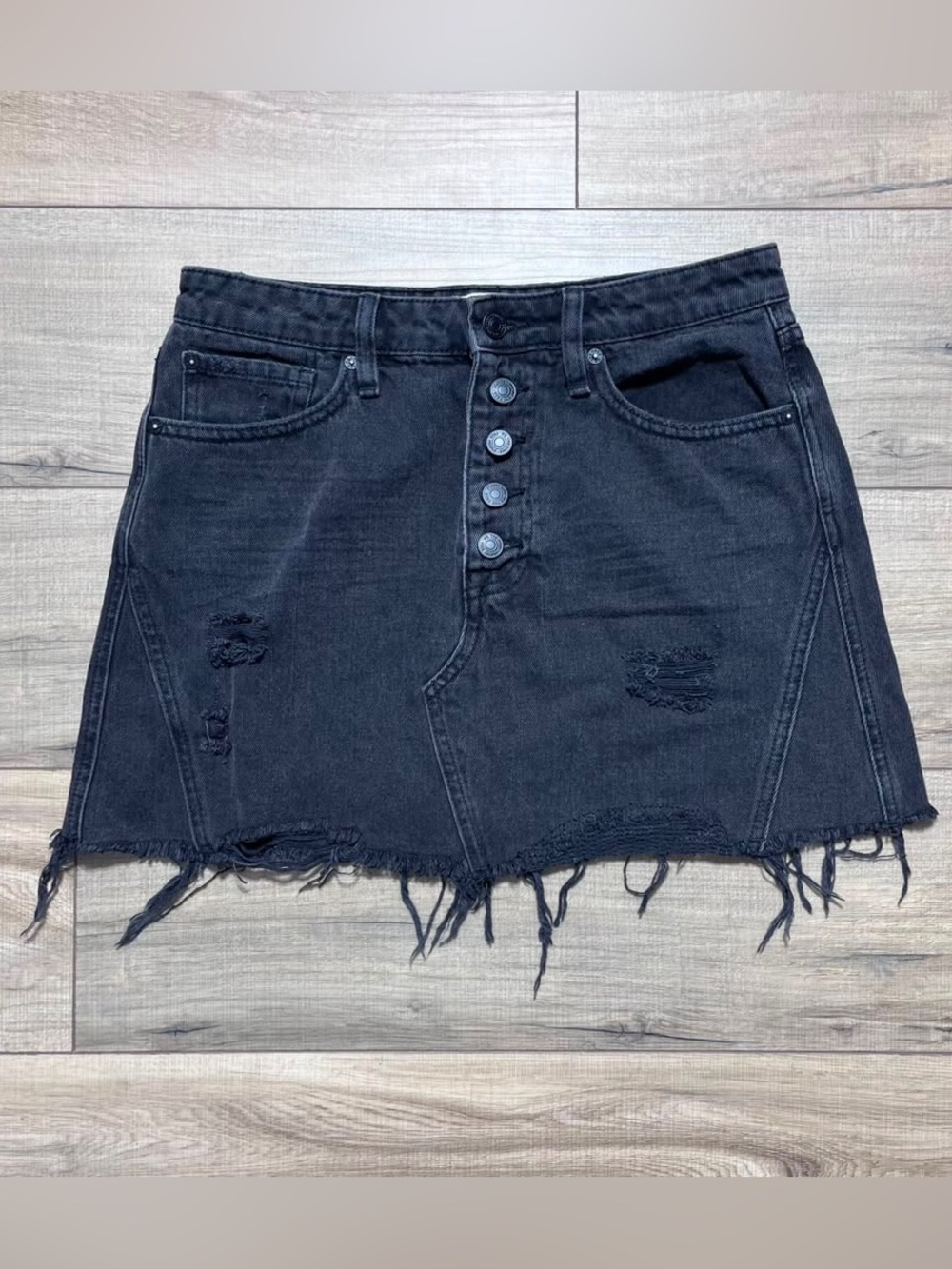 We The Free Harvey Button Fly Distressed Denim Mini Skirt Size 28 Faded Black